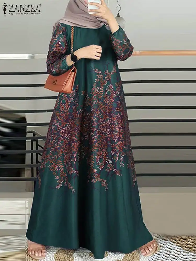 Zanzea Vintage Frauen Frühling Jilbab islamische Kleidung Marocain Eid Mubarek Sommerkleid Langarm Blumen gedruckt muslimischen Maxi kleid