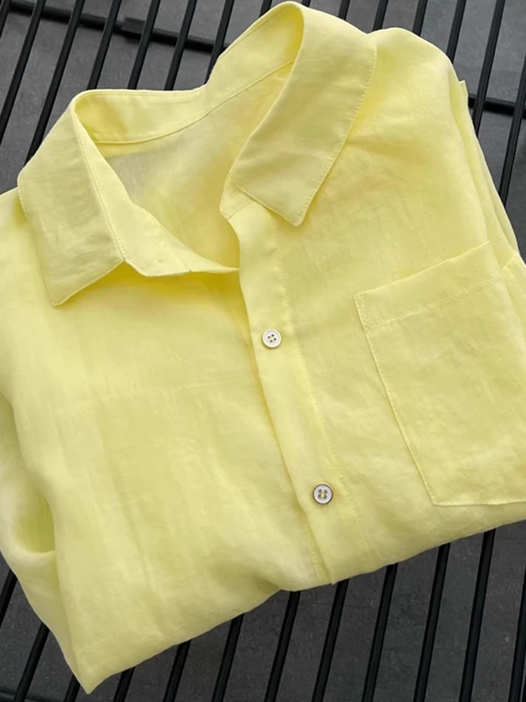 

Summer Thin Casual Loose Women's Sun Protection Shirt Yellow Linen Slimming Cotton Linen Blouse Outerwear Korean Style