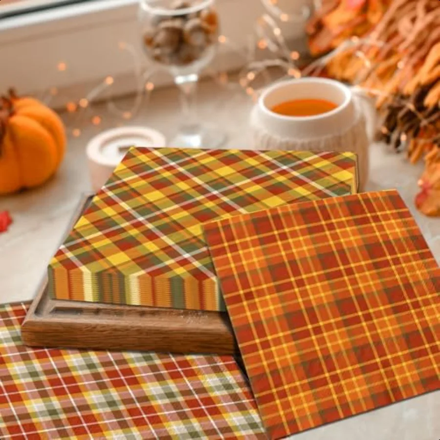 กระดาษเช็ดปากลายตารางสีส้ม 40 ชิ้น สำหรับงานเลี้ยงวันขอบคุณพระเจ้าในฤดูใบไม้ร่วง