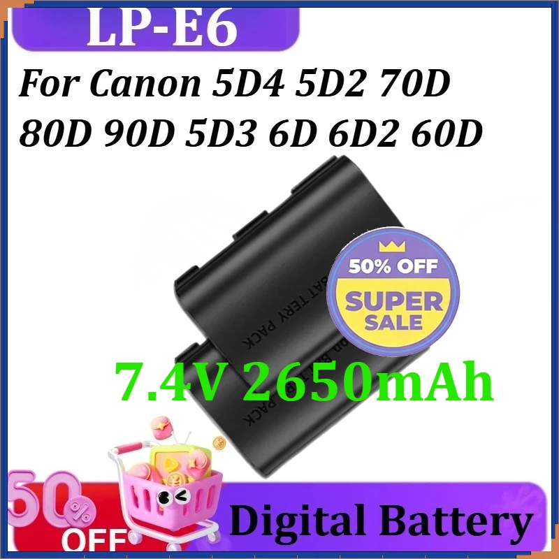 

Новая сменная батарея 7.4V 2650mAh LP-E6 LPE6 для цифровых фотоаппаратов Canon 5D4, 5D2, 70D, 80D, 90D, 5D3, 6D, 6D2, 60D