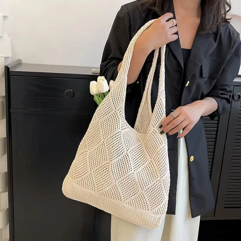 Fashion Women Hollow Woven Shoulder Bags Large Capacity Shoulder Bags Crochet Bag Knitting Handbags Eco Female Shopping Tote