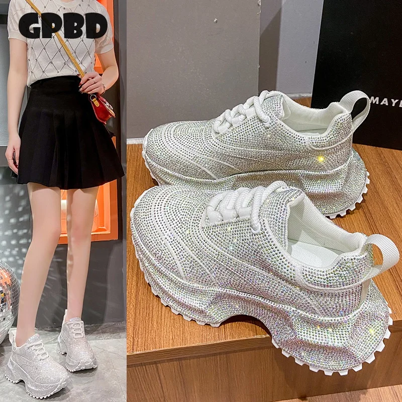 

GPBD Dad Shoes 2025 Summer Water Diamond Full Diamond Thick-soled Sponge Casual Sports White Sneakers Trendy Girls