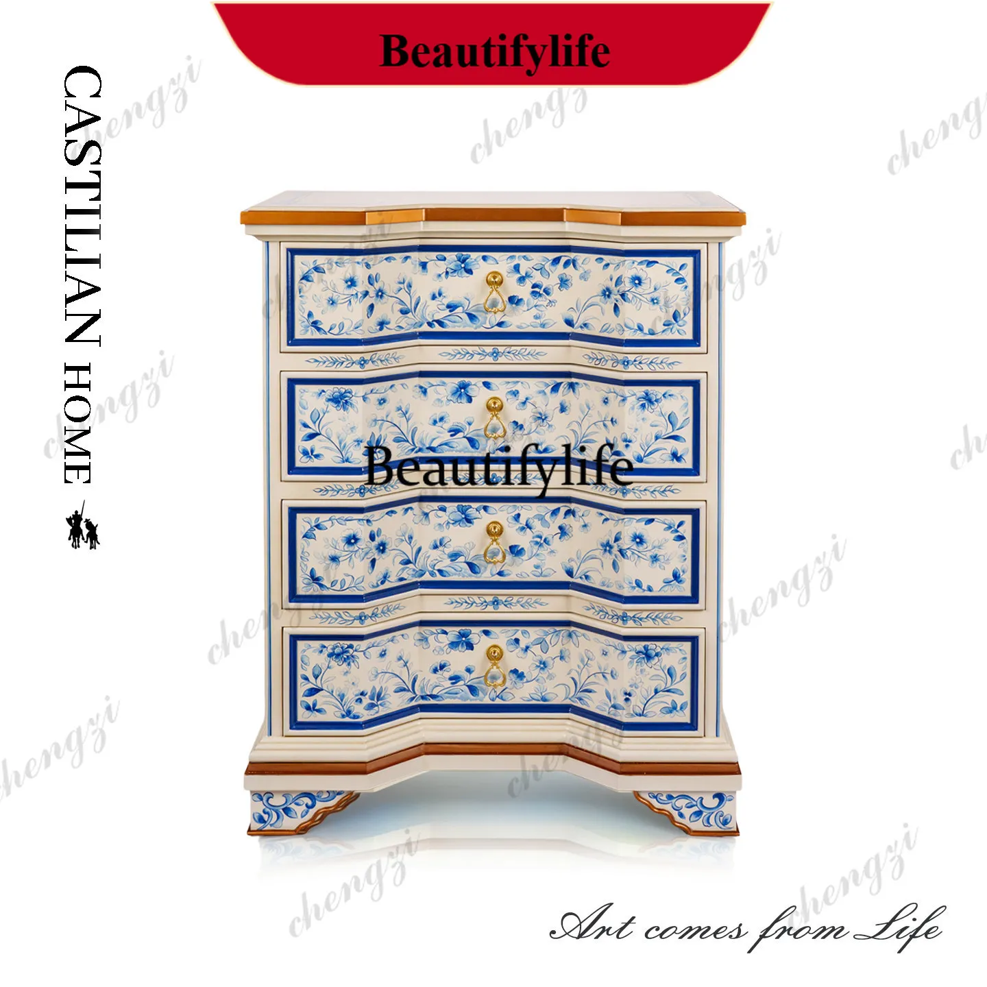 New Chinese blue and white solid wood chest French antique style living room bedroom light luxury high-end locker d178