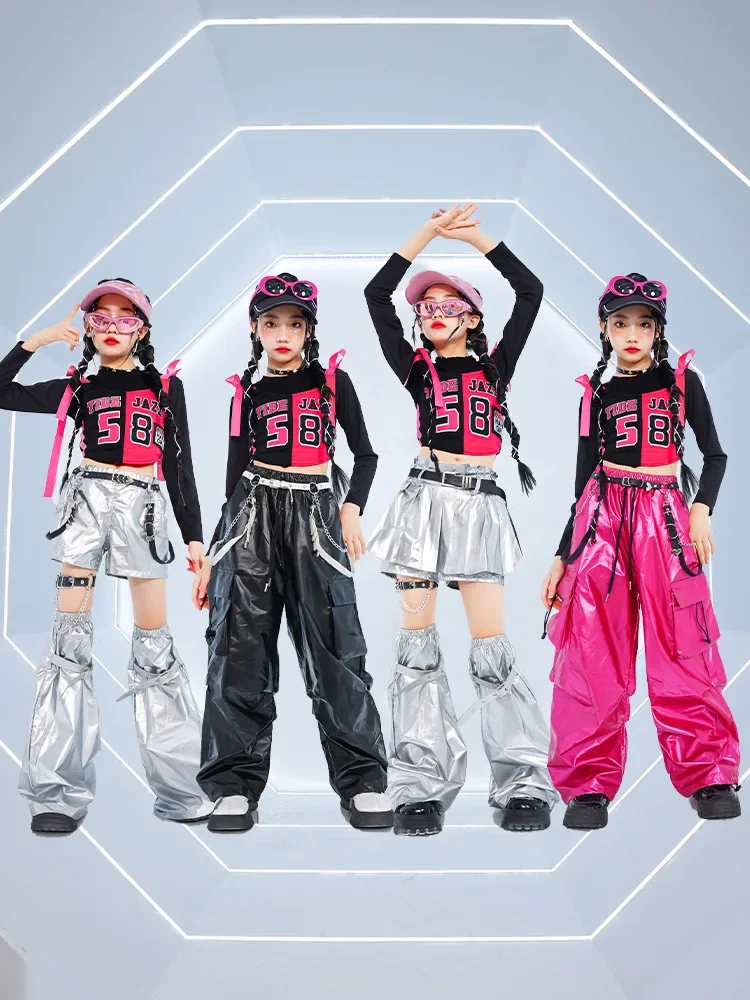 Neues Mädchen-Hip-Hop-Crop-Top, glänzende Cargohose, T-Shirt, Street-Dance-Shorts, Kinder-Streetwear, Kinder-Jazz-Mädchen-Gruppen-Kleidungssets – Detail 1