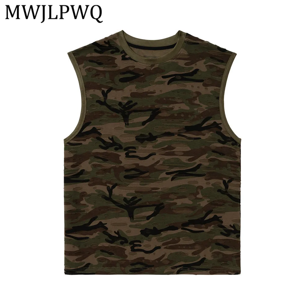 

Мужская футболка-жилет MWJLPWQ в стиле американского ретро с эффектом потертости, камуфляжный дизайн, уличный модный стиль, повседневный топ без рукавов 13628