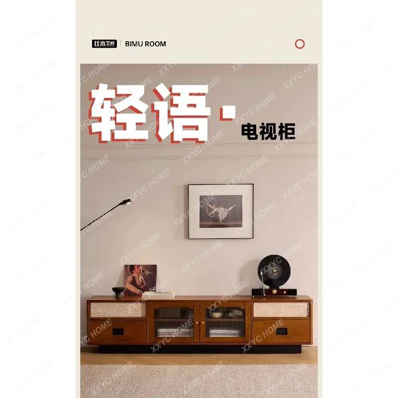 

LLRetro solid wood TV cabinet living room home storage locker integrated small apartment medium ancient style