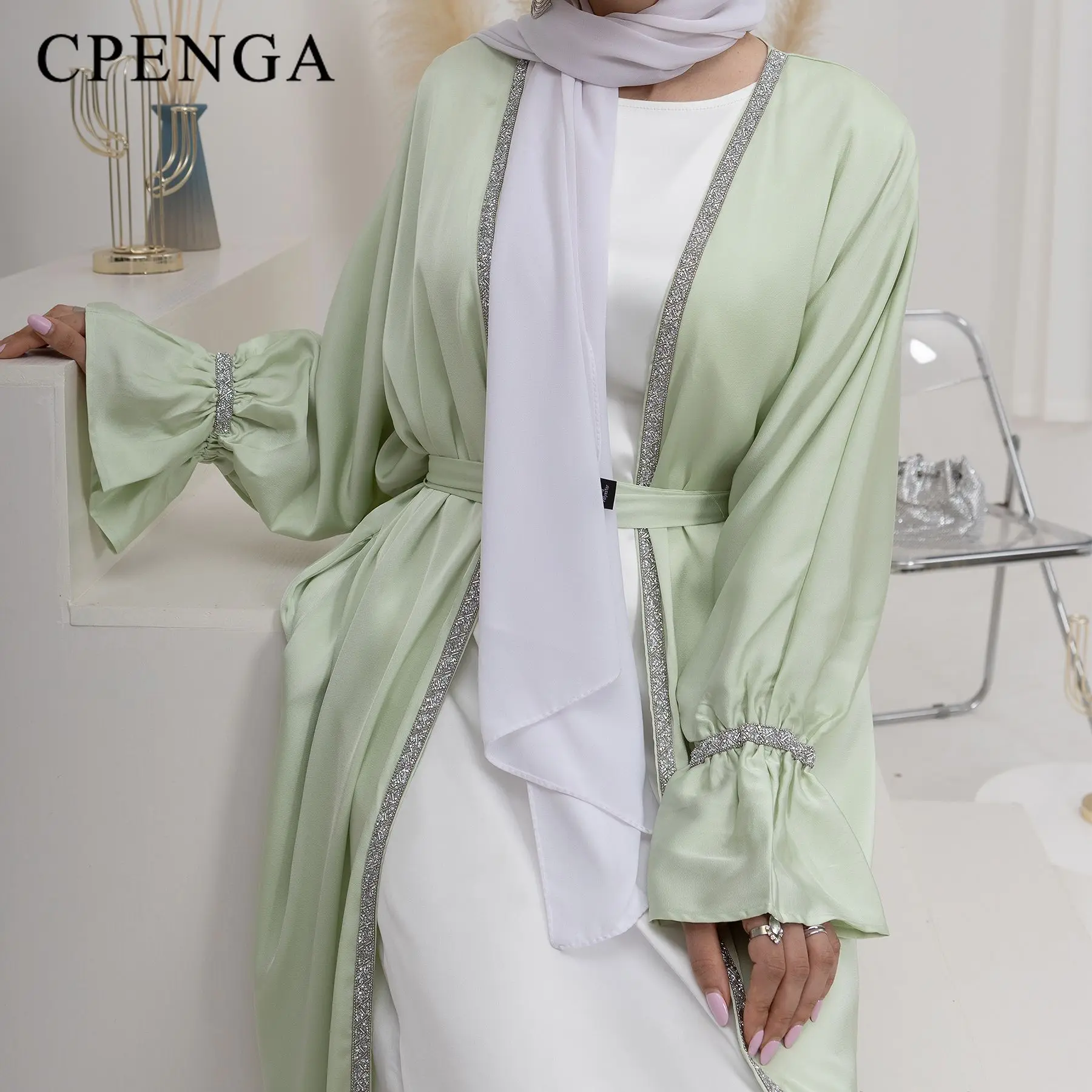 

Роскошное женское бриллиантовое кимоно Дубай, женское однотонное кимоно с бусинами и расклешенными рукавами, платье, мусульманская одежда