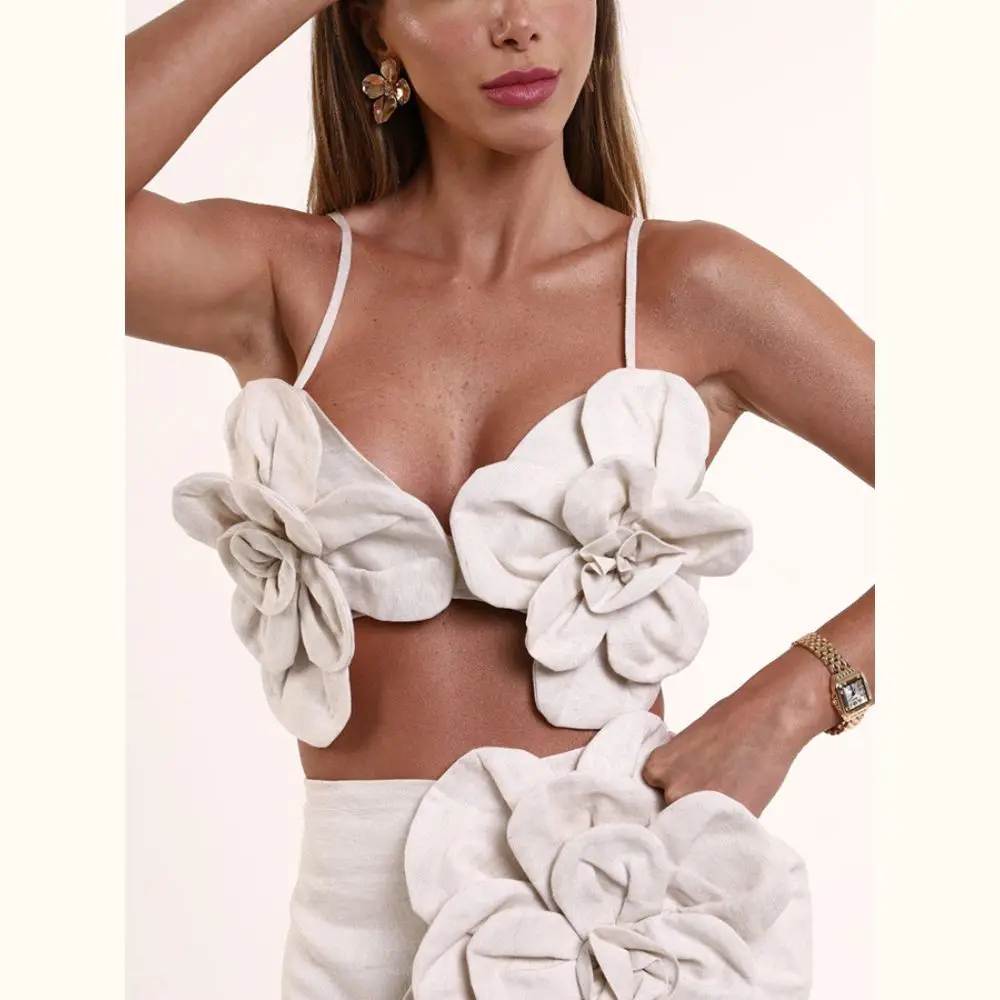 Haut et jupe à fleurs en trois dimensions pour femmes, robe de vacances de plage, jupe camisole chic et sexy, document monochrome, fête, 2024