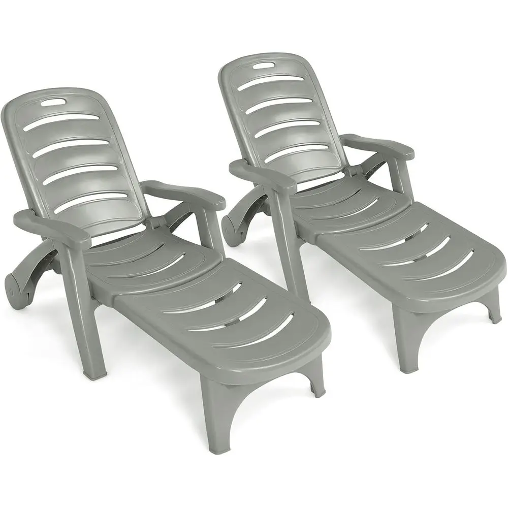 

Gray Adjustable 5-Position Patio Chaise Lounger with Wheels for Outdoor, Pool, and Garden Relaxation