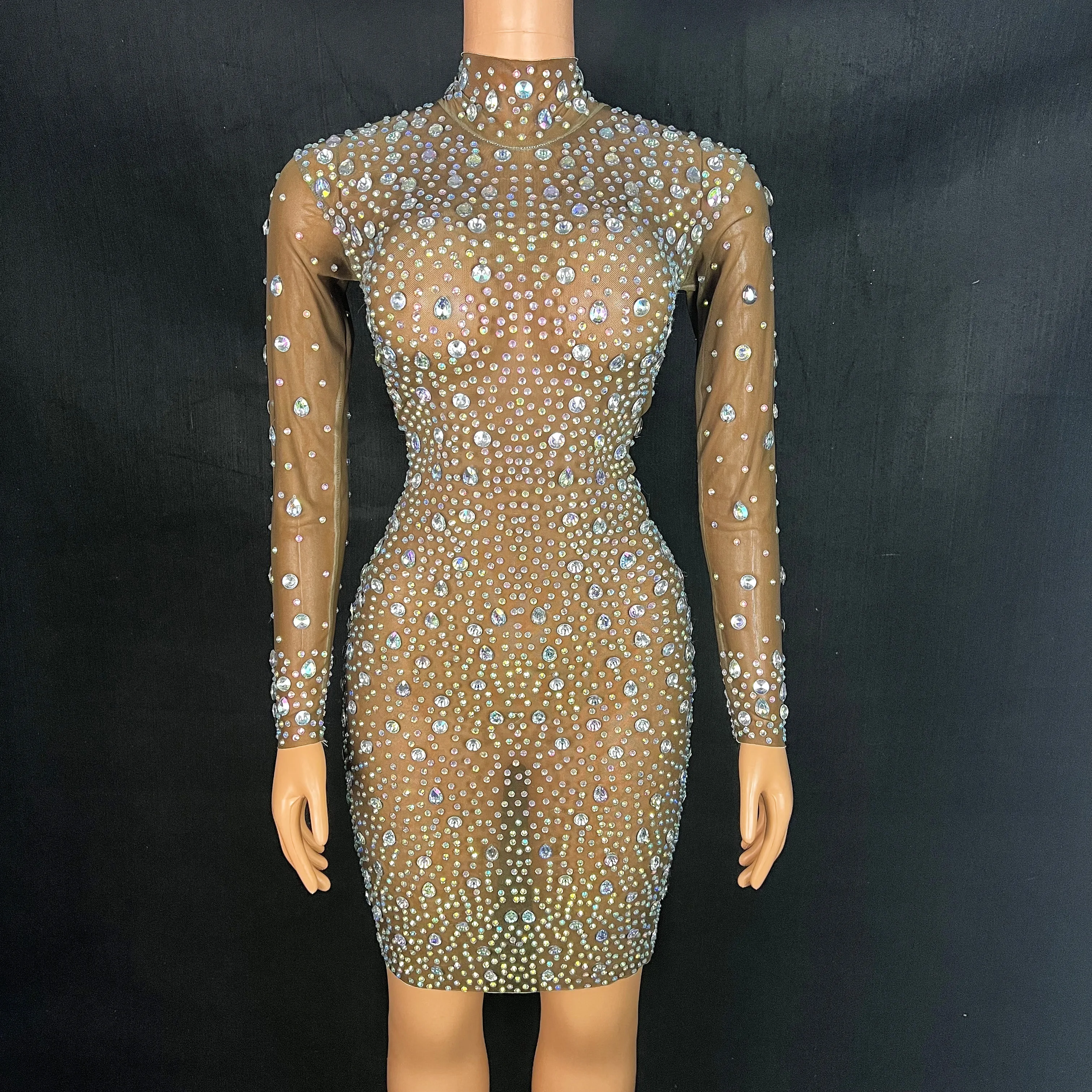 

New Fashion Full AB Stones Transparent Brown Dress Evening Celebrate See Through Mesh Birthday Celebrate Performance Costume