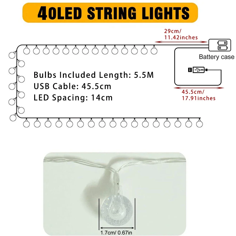 Хрустальные шарики, 40 светодиодных гирлянд в форме шара с питанием от USB/батарейки, пузырьковые хрустальные шары, гирлянды для вечеринки, рождественского декора