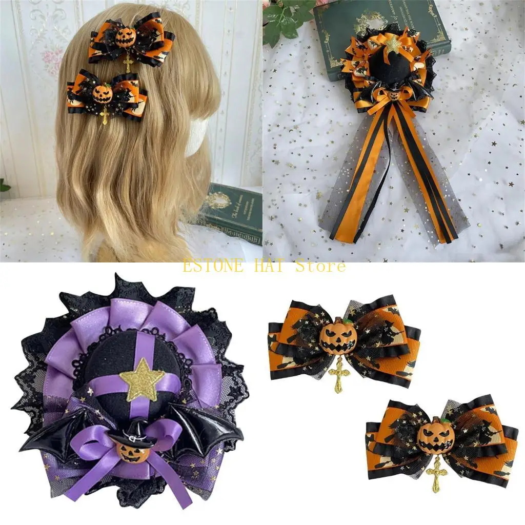 49MF Halloween Choker Hair Clip Pumpkin Bowlers Hat Star Bat Wing for Stage Shows