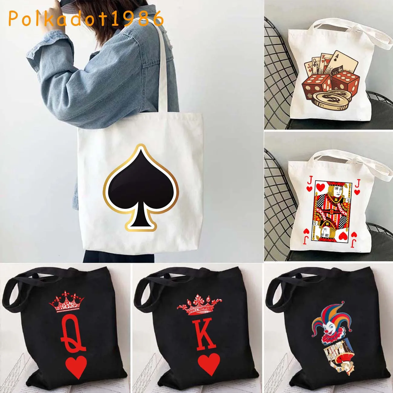 Funny Poker Playing Cards Cute King Queen Jack of Hearts Crowned Canvas Tote Bag Pouch Shopper Shoulder Shopping Cotton Handbags