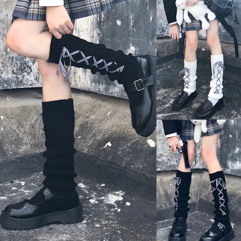 Japanese Women Cable Knit Leg Warmers Striped Plaid Ribbon Bow Boot Cuffs Calf Socks Stockings