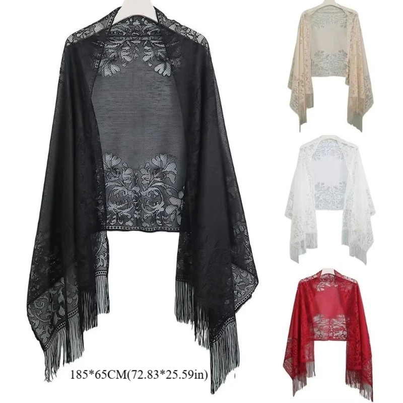 Vintage Elegant ผู้หญิงผ้าคลุมไหล่ดอกไม้ Hollow พู่ผ้าพันคอบางเย็บปักถักร้อย Fringes Wraps ฤดูใบไม้ผลิฤดูร้อน