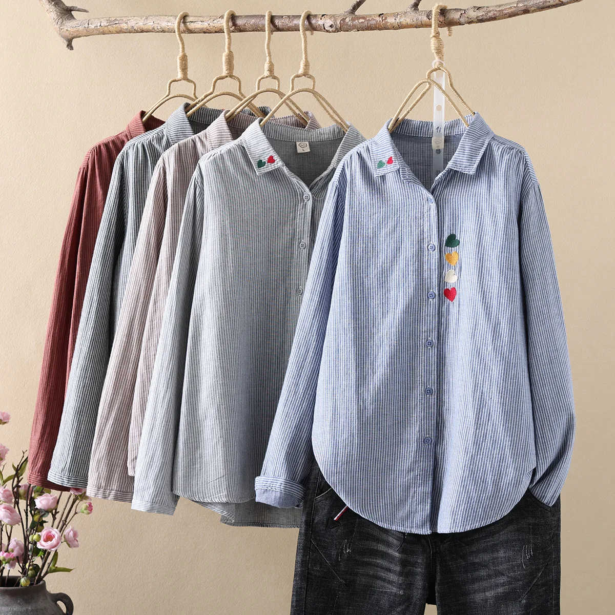 New Summer Cotton Yarn Long Sleeve Shirt, Women Lapel Embroidery Stripe Top, Girl Casual Fashion Loose Blouses, Autumn T478129QM