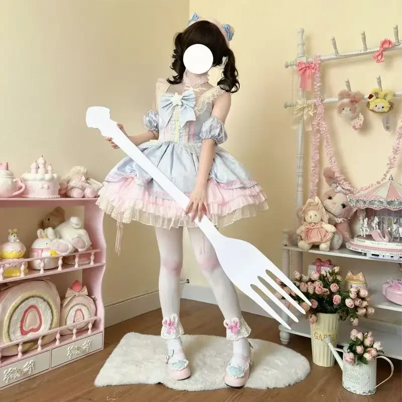 

2025Kawaii Star Bowknot Кружевные вечерние платья с оборками Милые девушки Y2k Тонкое мини-платье Японская милая Лолита Jsk Платье Женское Harajuku