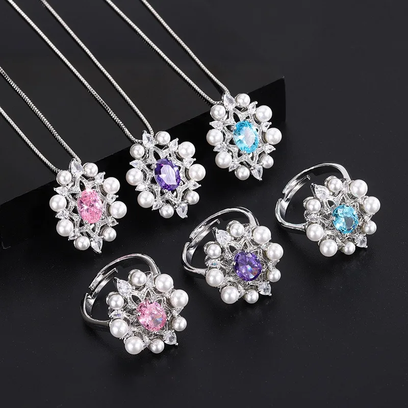 Classic Pearl Zircoina Drop Necklace Ring 2 Pieces Jewelry Set Dubai Arabia Bridal Jewelry Set Wedding Gift Accessories