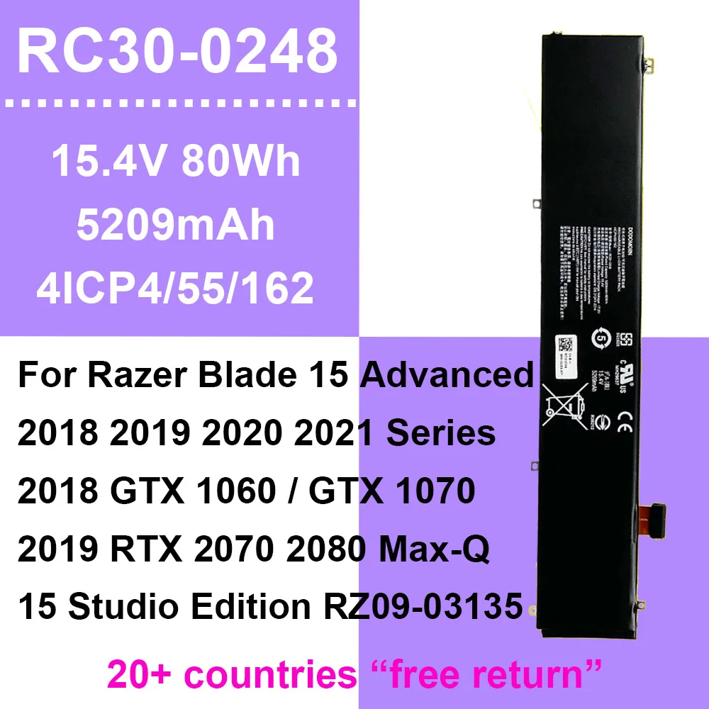 

For Razer RC30-0248 Laptop Battery Blade Advanced 15 2018/2019/2020/2021,15 RTX 2080 Max-Q,15 Studio Edition 15.4V 80Wh 5209mAh