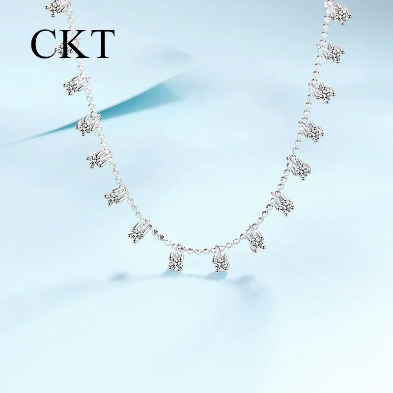 Luxury 18K White Gold Full Set 3-9ct Moissanite Necklace for Women Star Shining Bead Chain Pt950 Platinum Collarbone Jewelry