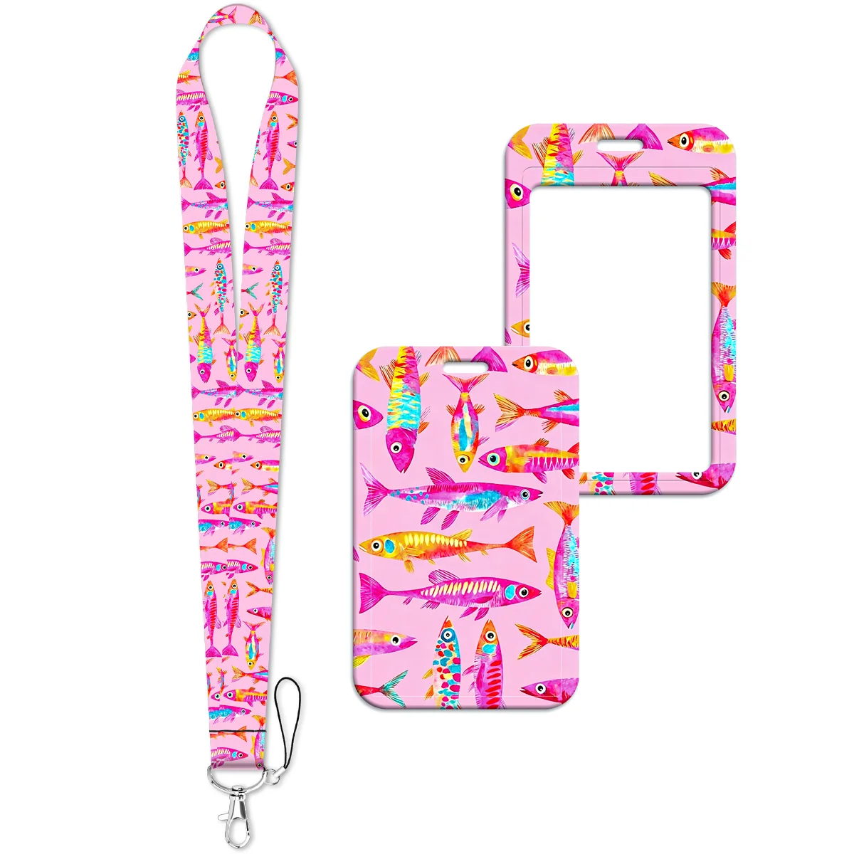 Cute Pink Watercolor Fish Lanyard Strap Neck Keychain Card Cover Badge Holder Mobile Phone Hang Rope Keyring Accessories Gift