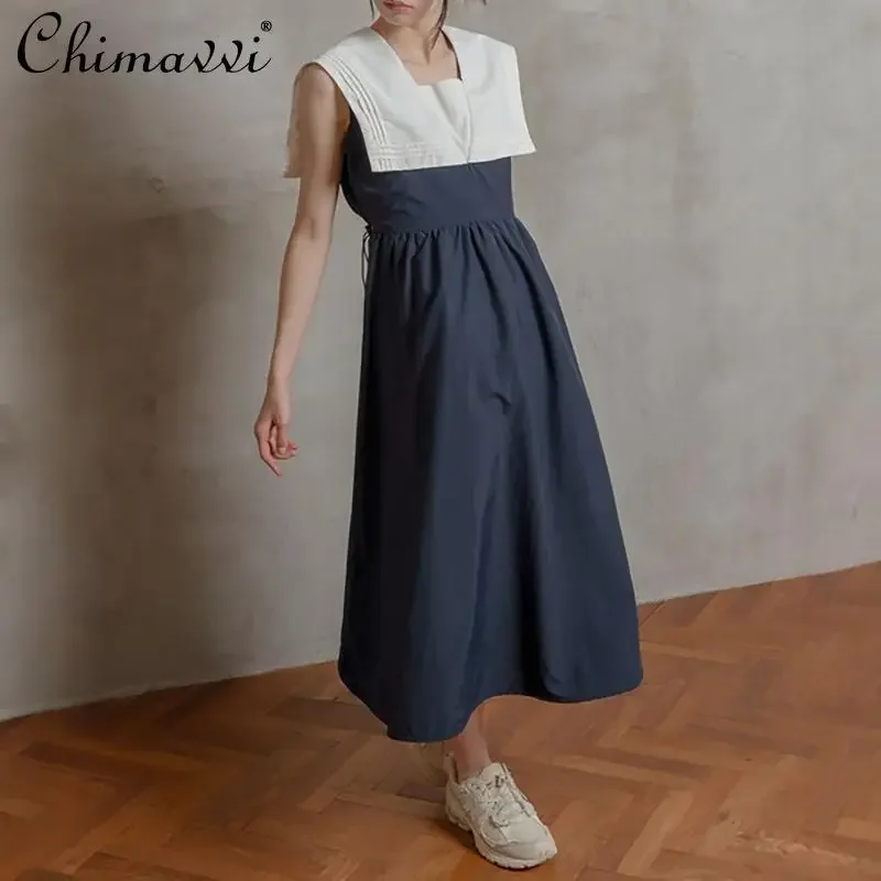 Japanese Fashion Navy Collar Back Waist Sleeveless Sailor Dress New 2024 Summer Academy Style Elegant Girls Mid-length Dresses