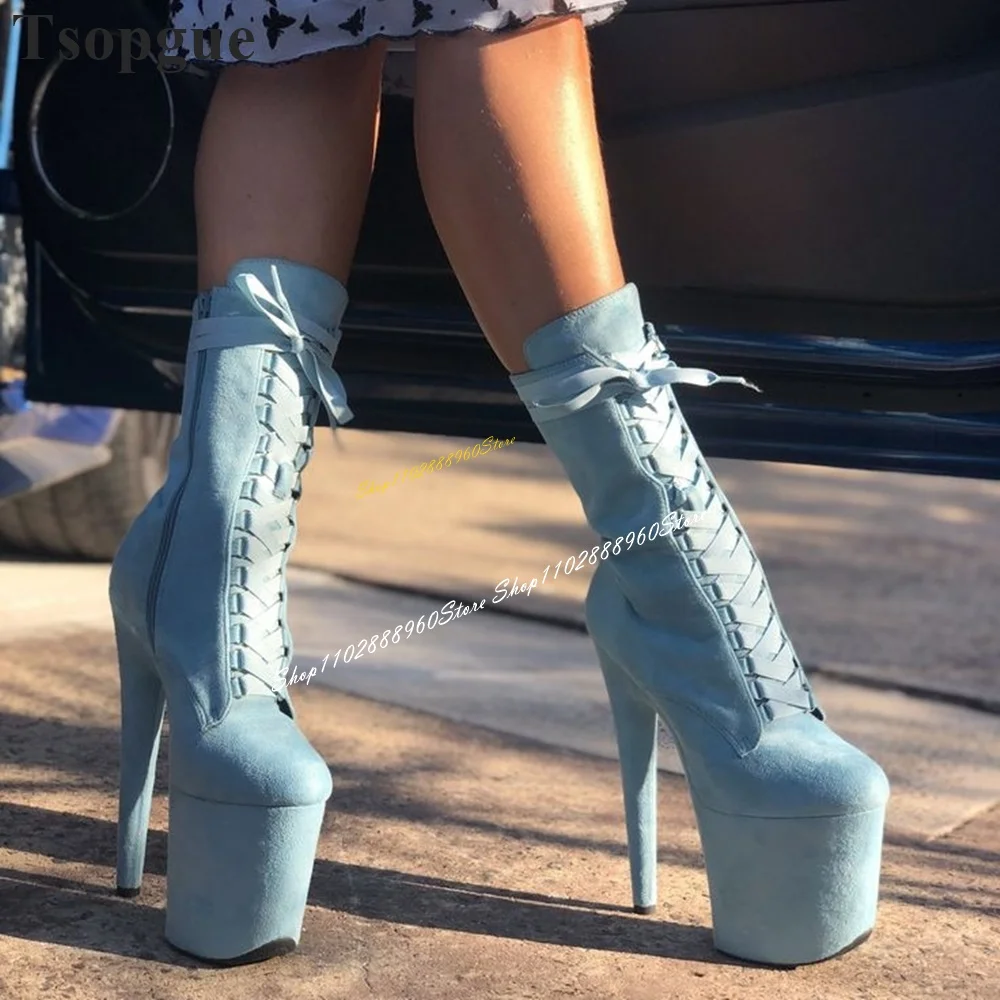 Mid Calf Cross Tied Light Blue Flock Platform Boots Thin High Heel Women Shoes Side Zipper Round Toe 2024 Zapatos Para Mujere