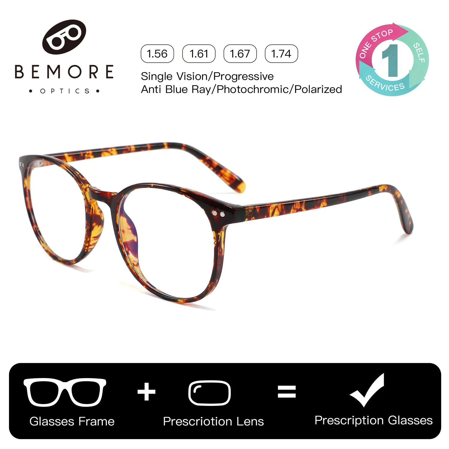 

BEMORE Unisex Round Oval Ultralight Acetate Custom Prescription Glasses Blue Light Filter Photochromic Multifocal Eyewear