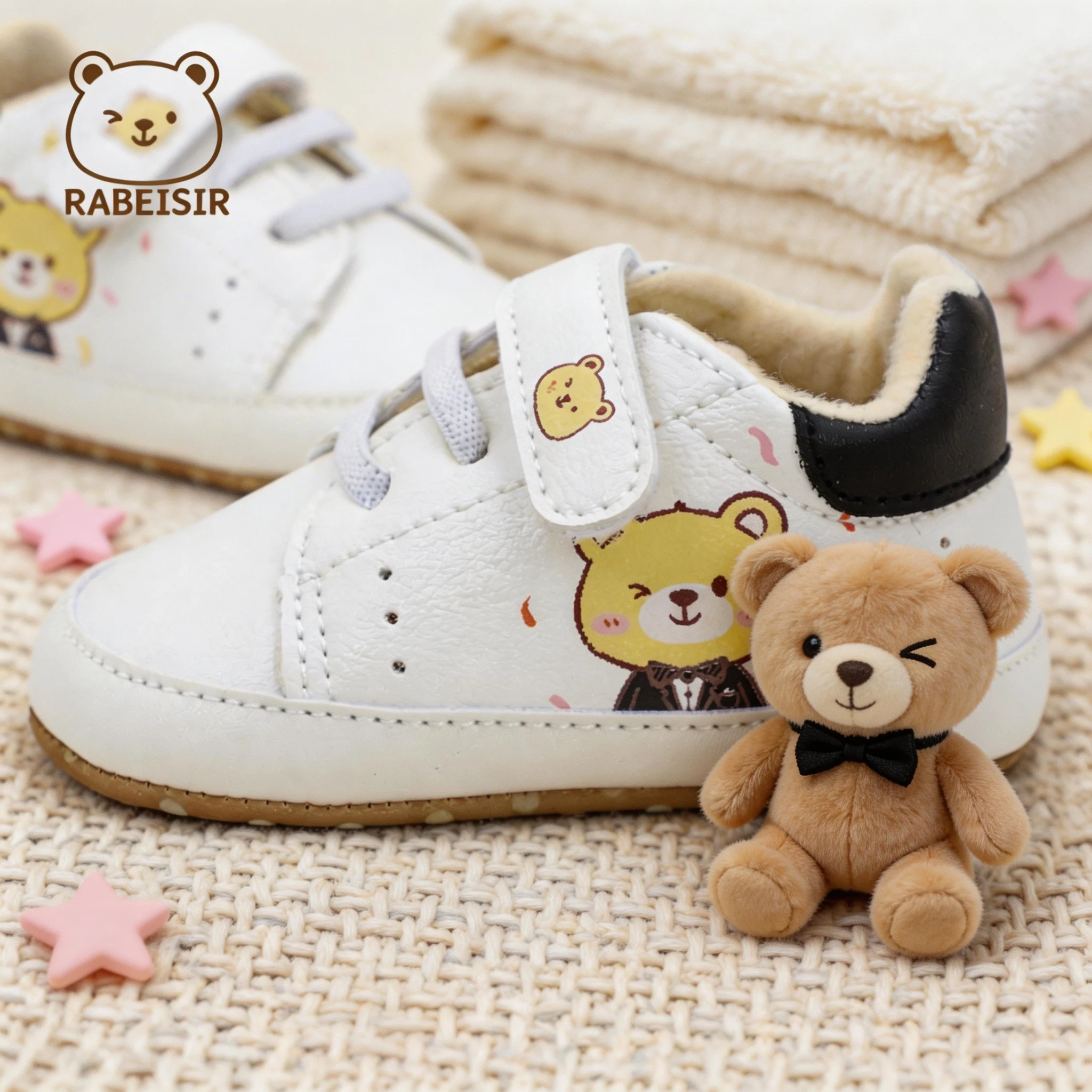 0‑18 months baby boy sneakers with bear print and soft sole for learning to walk