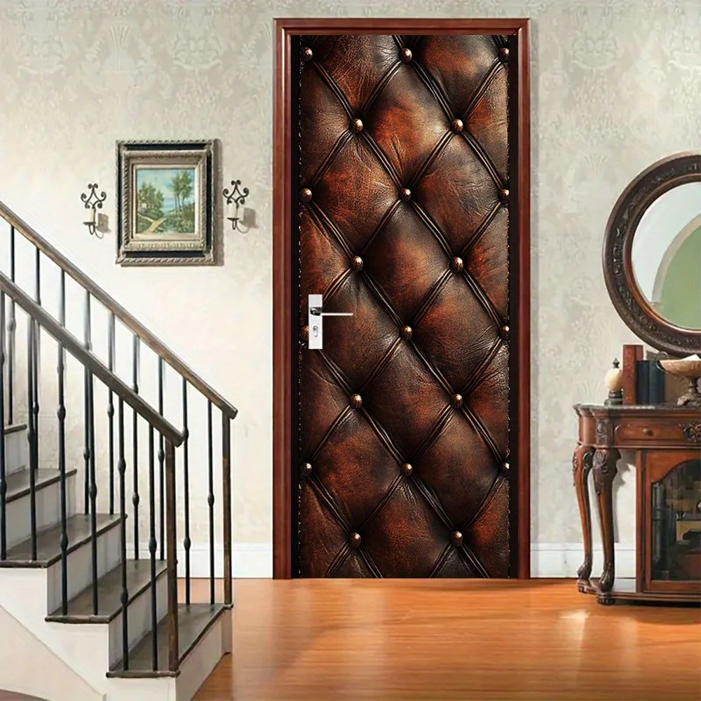 1 Pair (2 Pieces) of Self-Adhesive Diamond Patterned Brown Leather Door Mural Stickers - Texture Imitates Artificial Leather Tex