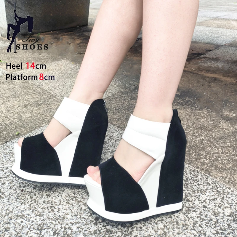 Comfortable Wedges Women Sandals Black White Color Casual High Heels Summer New 14CM Breathable Sandals Sexy Model Catwalk Shoes