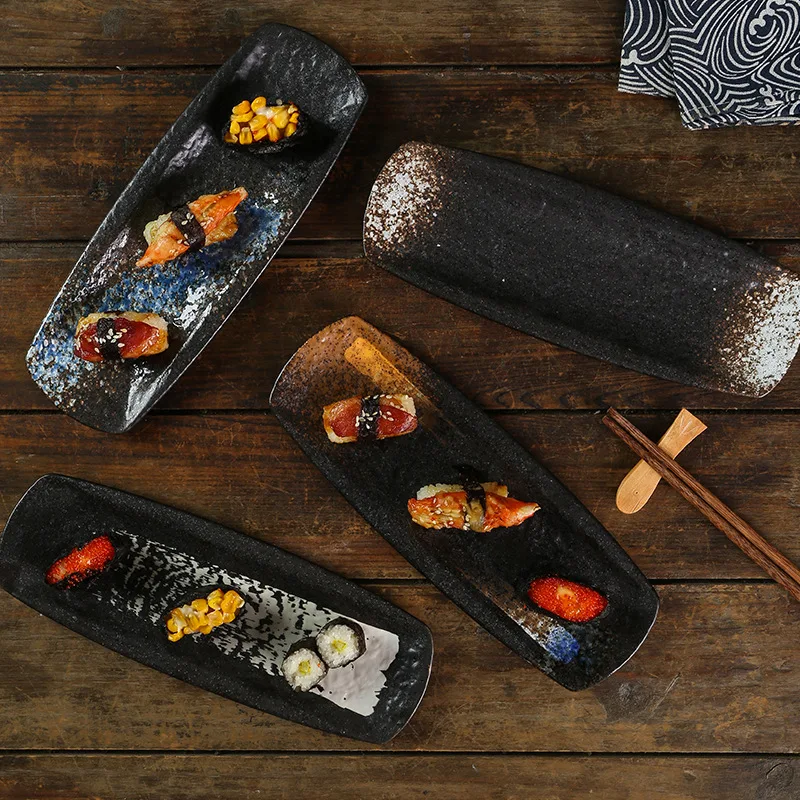 Cross border Japanese style ceramic long plate rectangular plate folded Dim sum plate creative cuisine sushi sashimi