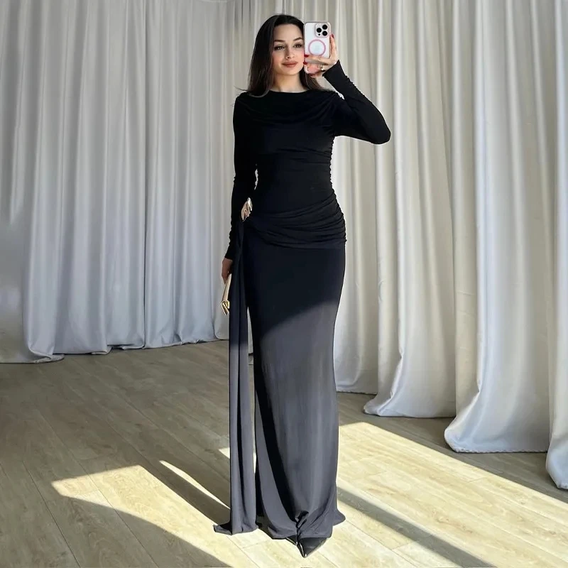 

2026 New Women Solid Color Long Sleeve Round Neck Pleated Bodycon Long Dress Fashion Elegant Temperament Womens Outfit