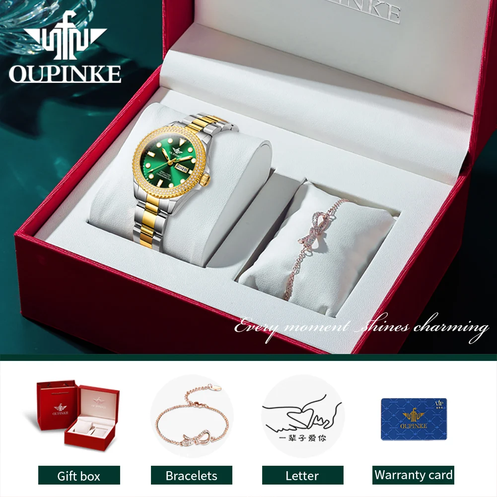 OUPINKE 3205 Womens Watch Original Luxury Mechanical Watch 50M Waterproof Dual Calendar Display Watches For Women Gifts Box