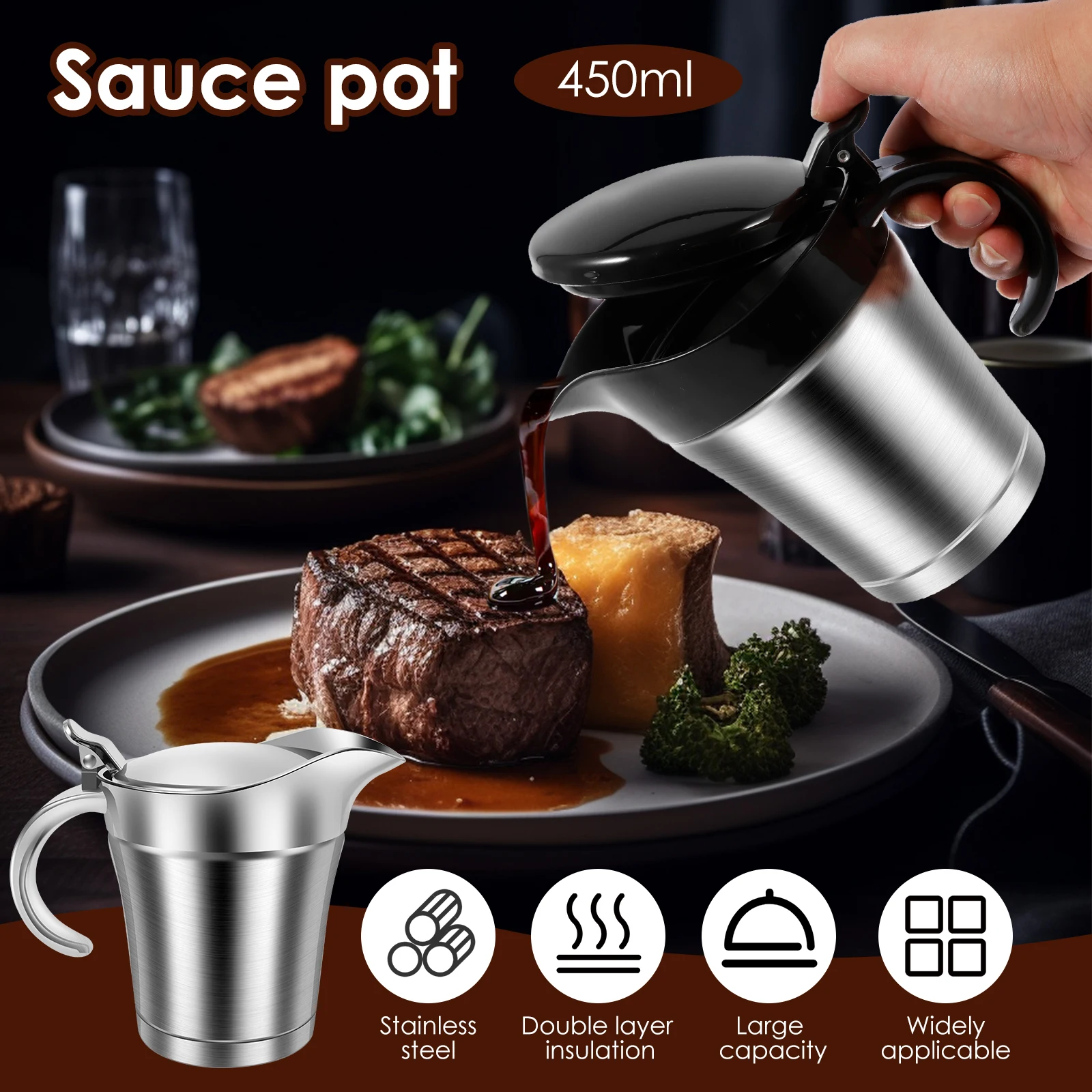 Insulated Gravy Boat 450ml Gravy Jug with Hinged Lid Double Wall Insulated Sauce Pitcher Stainless Steel Sauce Jug Portable