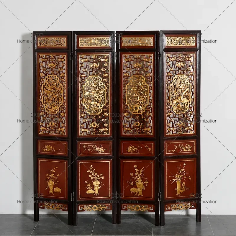 Chinese Style Solid Wood Folding Screen Partition Carved Flower Decoration Mobile Room Divider Ming Qing Antique Entrance