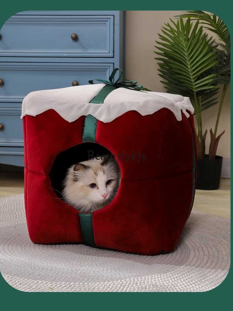 Winter Christmas Cat and Dog House Closed Warm Large Space Square Removable Cat and Dog Universal