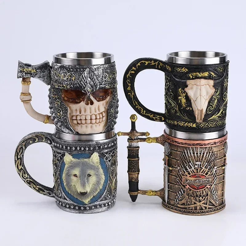 

New Resin Double Layer Stainless Steel Mug Skull Cup Bone Cup Lava Coffee Drinking Cup Play Halloween Gift