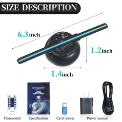 6.3in/16cm 3D hologram fan, 144 0603 LED beads holographic projector, HD flicker free screen TF&APP control Christmas Halloween