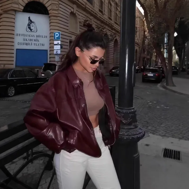 Vintage PU Leather Bomber Jackets 2026 Autumn New Ladies Zipper Lapel Long Sleeve Pocket Coat Women's Loose Streetwear 5