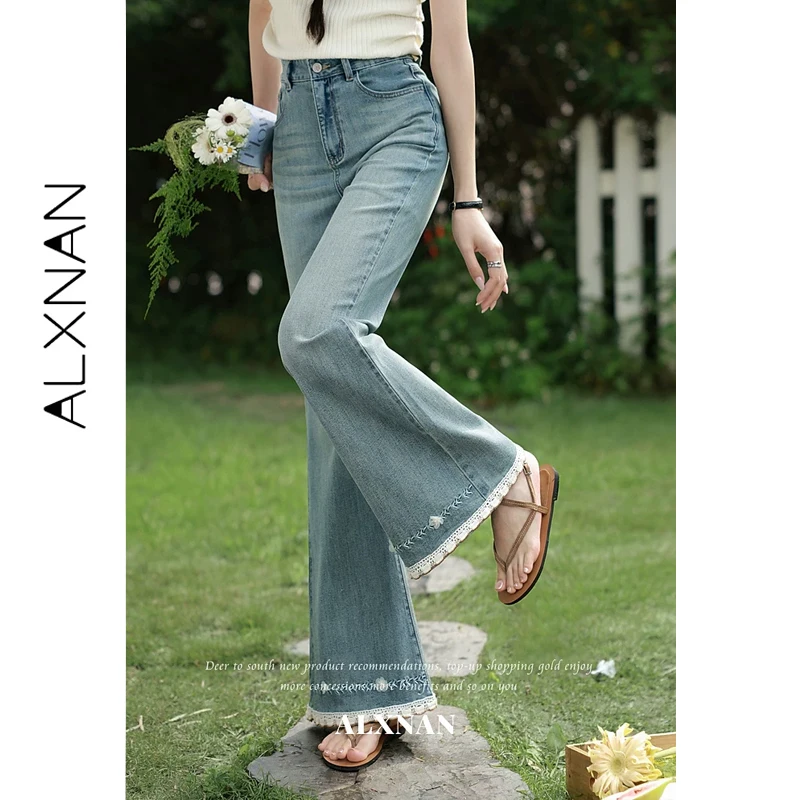ALXNAN Vintage Blue Jeans Summer 2026 Lace Trim Pearl Floral Flared Casual Thin Women's Denim Pants Elegant Jeans Female L65101