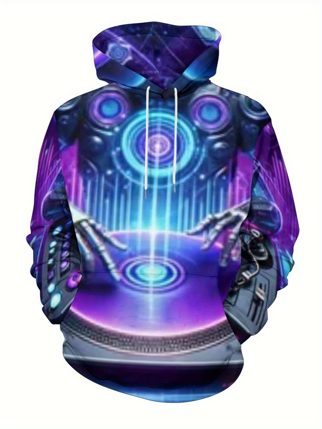 Men Neon DJ Turntable Robot Hand 3D Print Hoodie Long Sleeve Club Street Pullover Sweatshirt