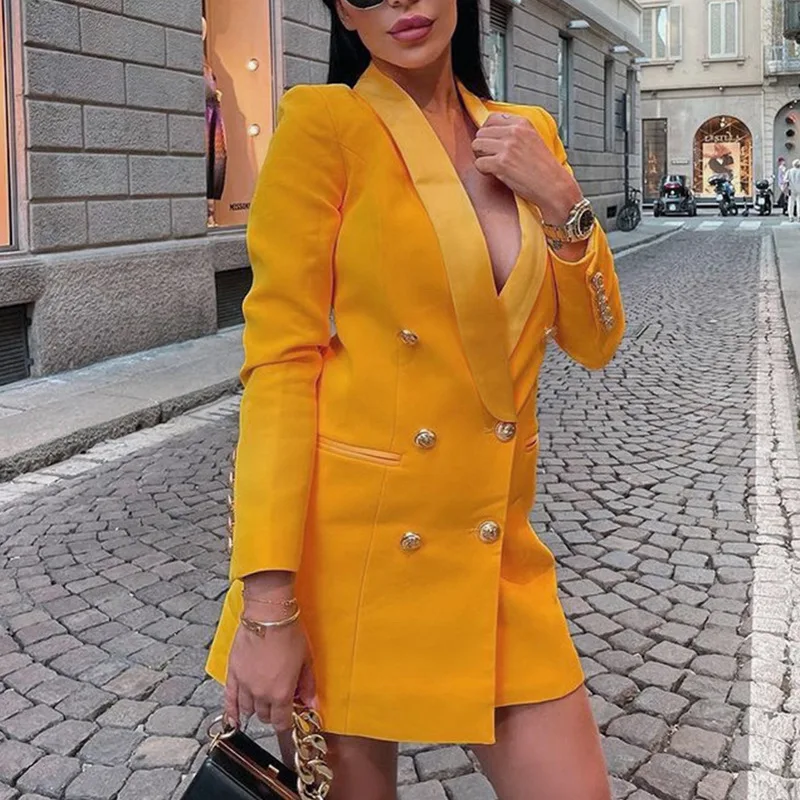 

Women's Double Breasted Pure Color Long Sve Dr Slim Fit Street Sle Polyester Suit Jaet for Office Wear