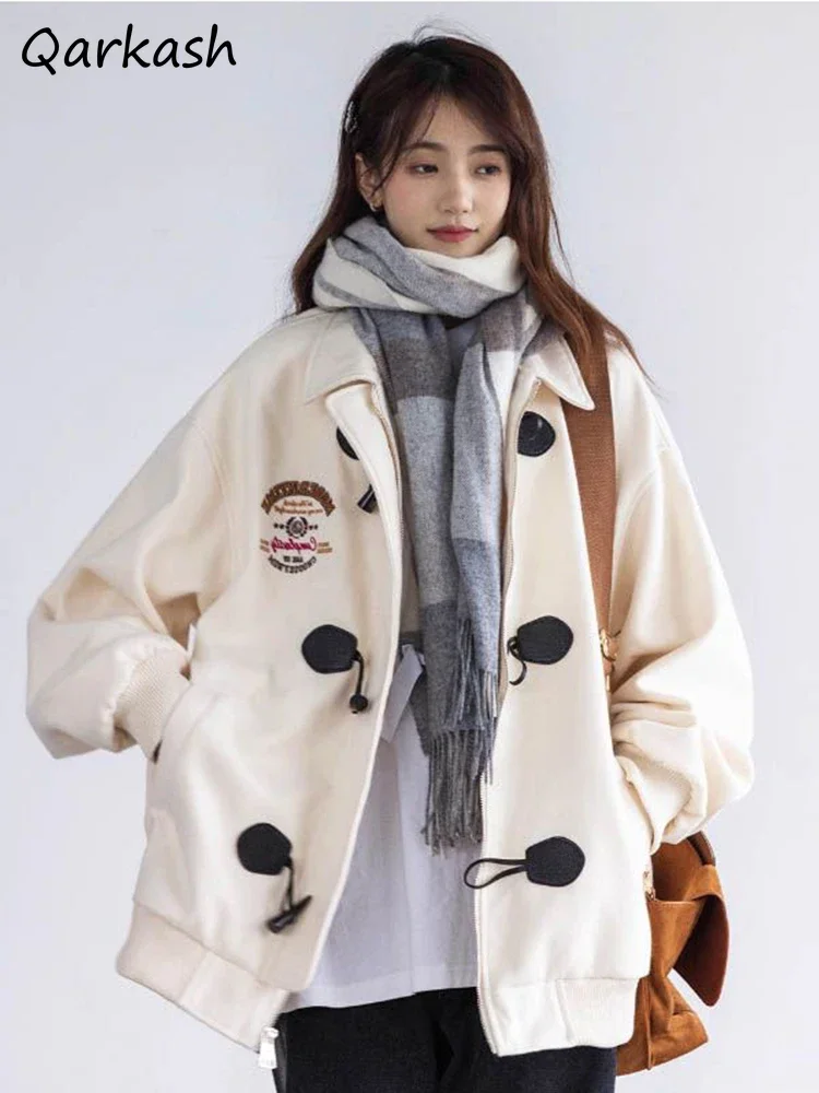 

Jackets Women American Retro Niche Design Loose Autumn High-end Turn Down Collar Horn Button Fashion Coats Warm Cozy Streetwear