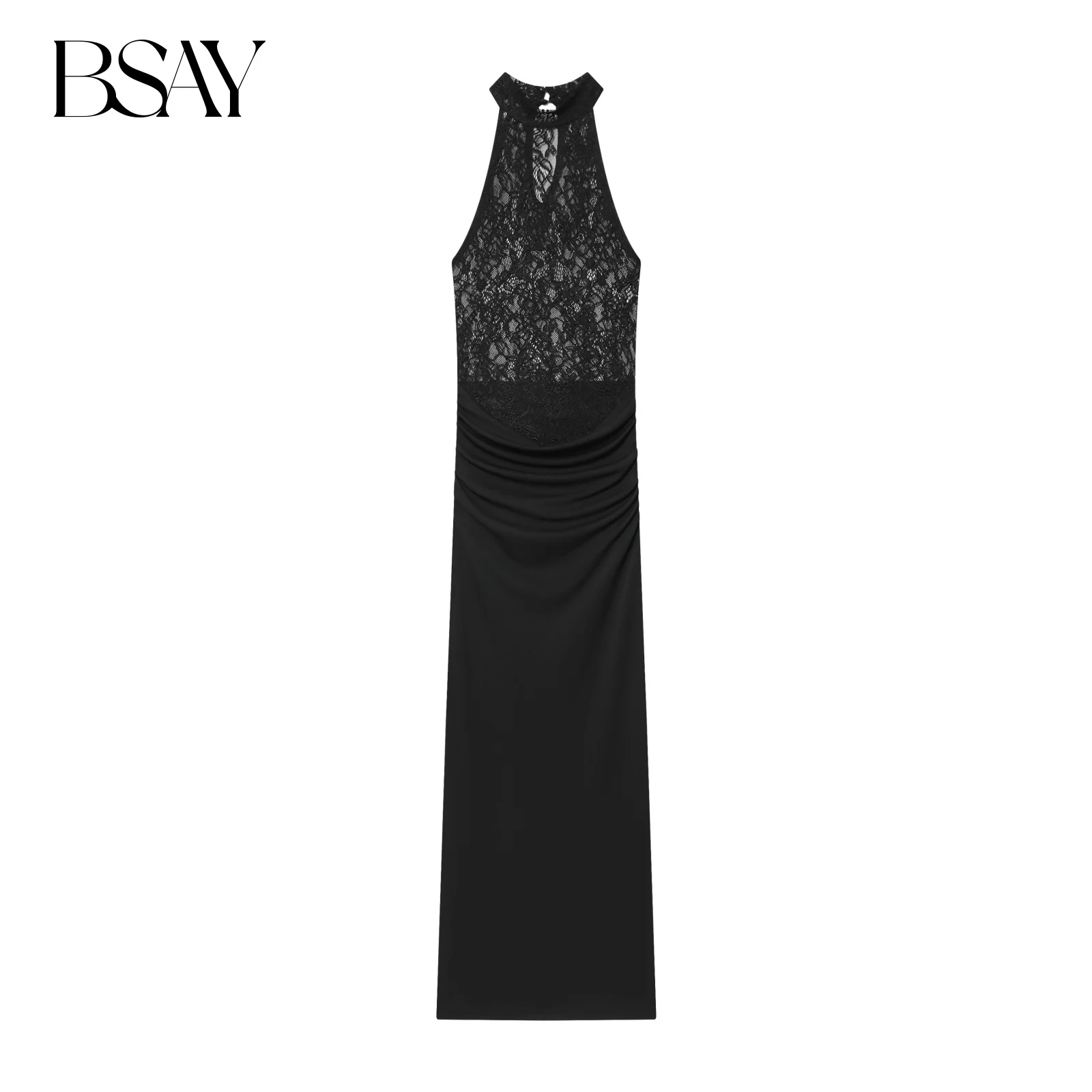 BSAY Gespleißt Spitze Kleid Frauen Mode Herbst Winter Neue schwarze Weste Kleider Französisch Elegante lange Chic Weibliche Abend Kleidung