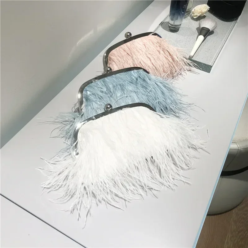 Luxury Design Women's Pearl Chain Handbags Faux Ostrich Fur Evening Bags Fashion Pink Purses Furry Clutch with Crossbody Chain - view 5