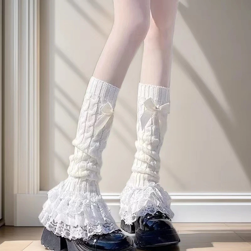 Lolita Winter Ruffled Leg Cover Women's Warm Sweet Bowknot Knit Calf Socks Long Boot Sleeves Foot Cover Accessories