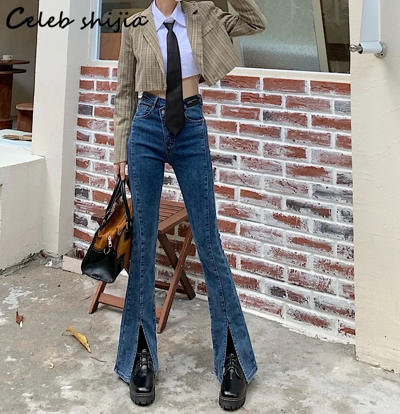 Chic Elastic Denim Women Jeans Vinatge Gray High Waist Korean Fashion Split Flare Jeans Mom Blue Streetwear Y2k Pants