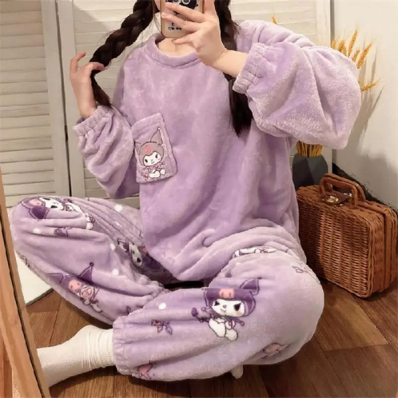 Cute Kuromi Women Plush Pajamas Set Sanrioed Kawaii Hello Kitty Cinnamoroll Autumn Winter Home Clothes New Girl Thicken Cartoon