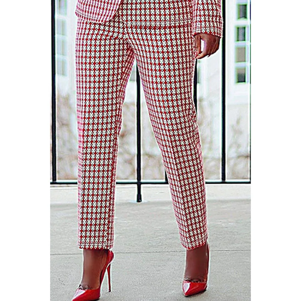 Xadrez vermelho lapela colarinho pant set, semi formal, manga longa, conjunto de 2 peças, plus size